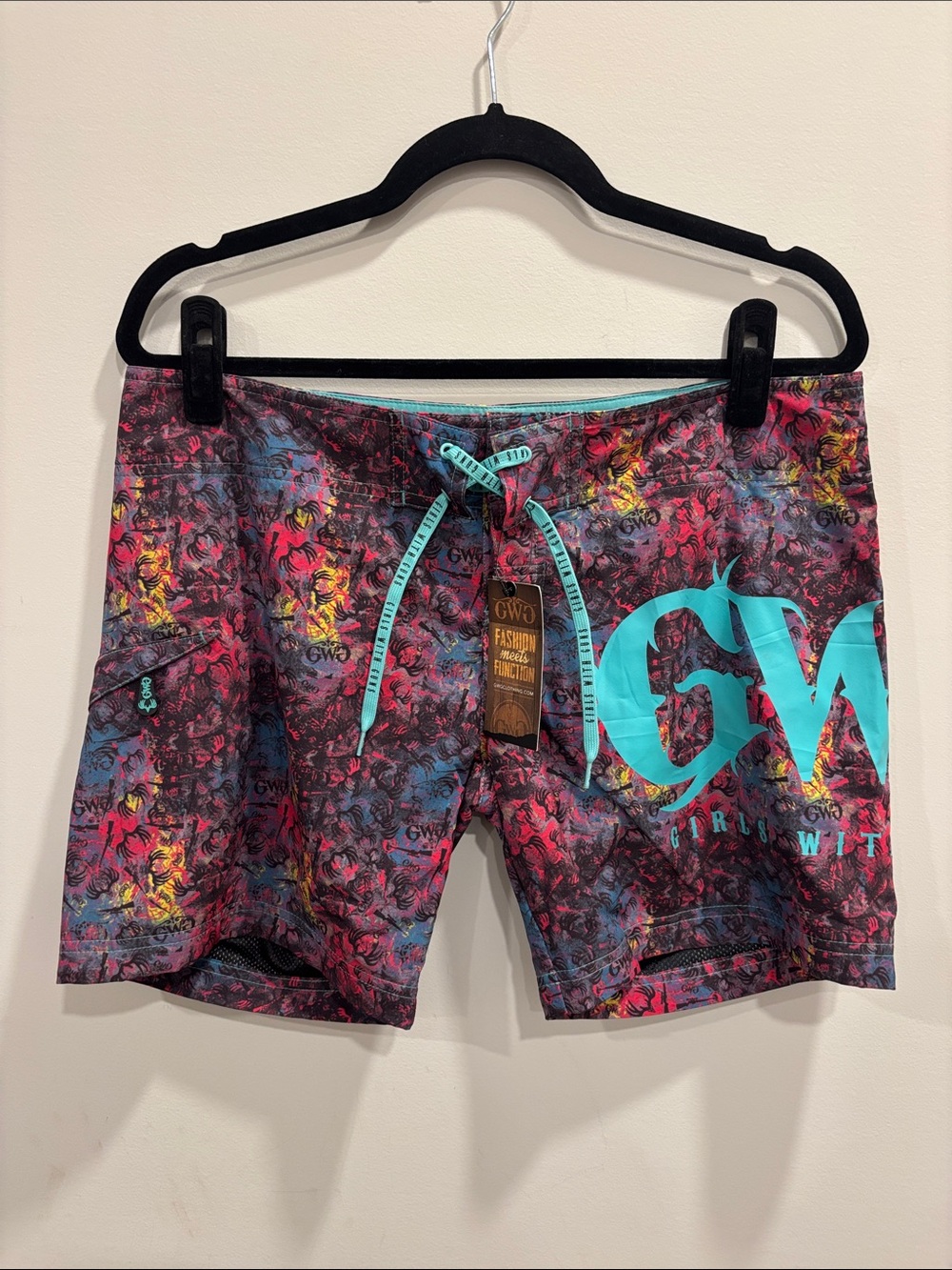 Girls with Guns Colorful Abstract Print Swim Shorts with Turquoise Drawstring